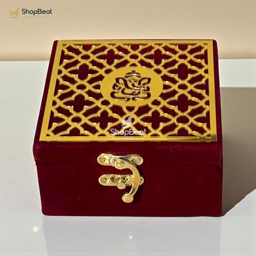 Image of Handcrafted Velvet Jewellery Box, Ganpati Ji Design, Red, 4x4 | Wooden Base, Decorative Organizer, Ganesh Motif, For Puja Festive Wedding Gifting