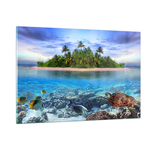 Décoration murale chambre plage et grand tableau en verre océan 120x80