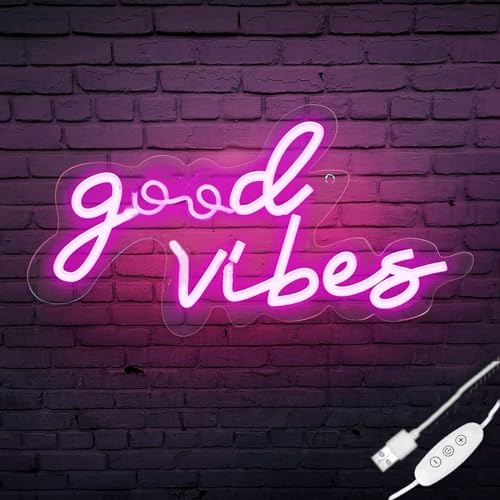 Image of Large Pink Neon Good Vibes Signs LED Dimmable USB Powered Cood Vibes Banner Decorative Night Lights Neon Lamps for Bedroom Living Room Apartment Bar Wedding Party Wall Background Decor Art, 16.5x8IN