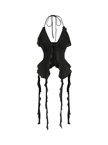 GORGLITTER Women's Y2k Ruffle Halter Tops Sexy Tie Front Backless Asymmetrical Goth Jellyfish Crop Camisole Top - Medium - Black
