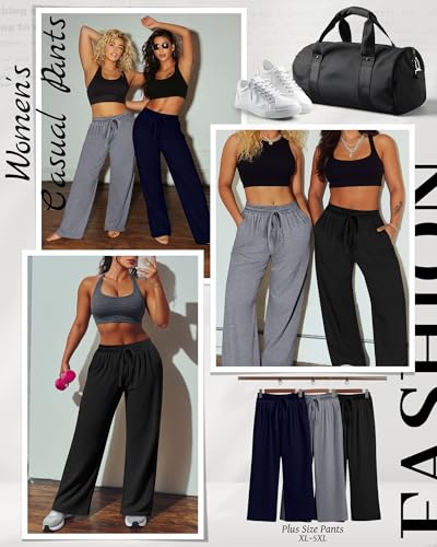 Neer 3 Pack Women's Plus Size Pants Wide Leg Lounge Yoga Pants Casual Baggy Drawstring High Waist Sweatpants with Pockets3