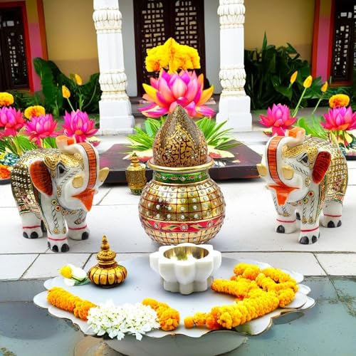 Premium Auspicious Marble Gift Box Set for Diwali, Weddings, Grihpravesh | Handcrafted Marble 2 Pcs Big Size 5" Elephants, Mangal Kalash, Shreephal, Diya (12x15 inch) — photo — 4 of 9