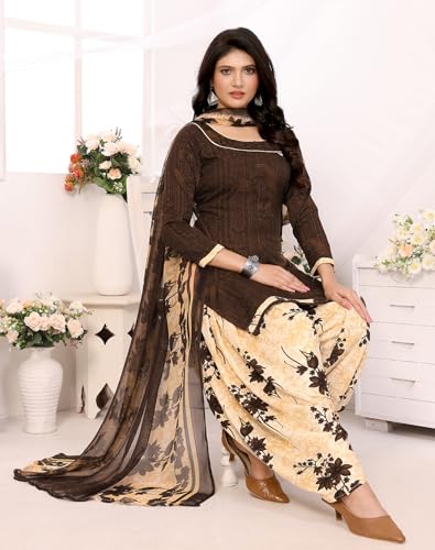 Image of Yashika Women's Printed Dress Material - Unstitched Crepe Fabric Kurti, Pants & Dupatta Set