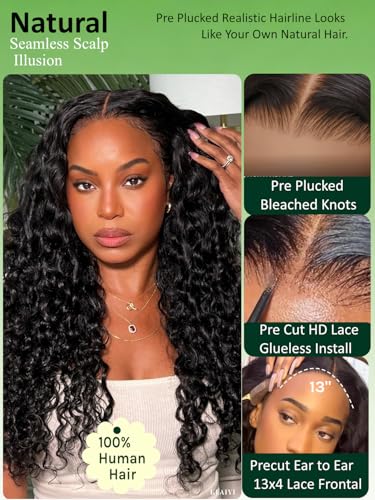 Image of KLAIYI Water Wave Pre Everything 13x4 HD Lace Frontal Human Hair Wig with Baby Hair Drawstring Glueless Pre Plucked Bleached Bye Bye Knots Curly 30S Ready to Wear and Go Wig Beginner Friendly 14Inch