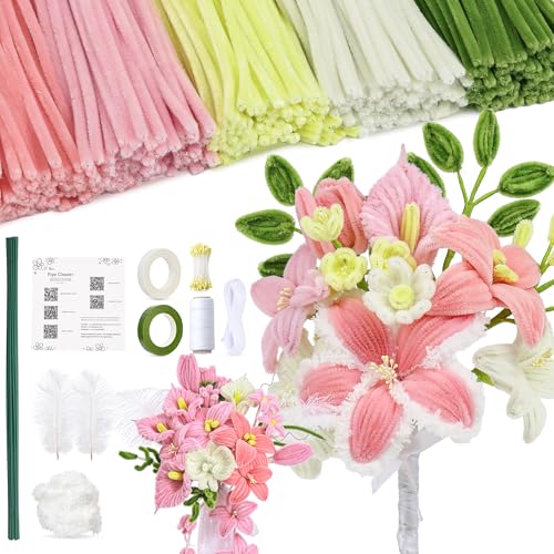 LENYNAL 500 Pcs Pink Pipe Cleaner Flower Kit Pastel Pipe Cleaners Bulk Craft Glue-Free & Safe for Kids Step-by-Step Tutorial 5 Colors Chenille Stems for Flower Making