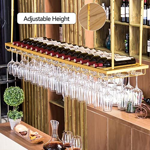 Regulowany złoty sufitowy wiszący stojak na wino - odwrócony uchwyt na kieliszki do wina i półka do przechowywania butelek do domu, kuchni, baru, spiżarni, 80 x 30 cm
