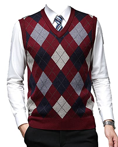 Men's Plaid V-Neck Sweater Vest Sleeveless Argyle Knitted Pullover Korean Preppy Style Fashion Slim Rhombus Vest (Wine Red,115)
