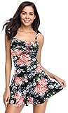 SHEKINI Mujer Bañador con Falda Traje de Baño Elegante Ruched Control Abdomen Tankini Deportivo Ajustable Falda de Baño de Una Pieza (S,Flor-Negro)
