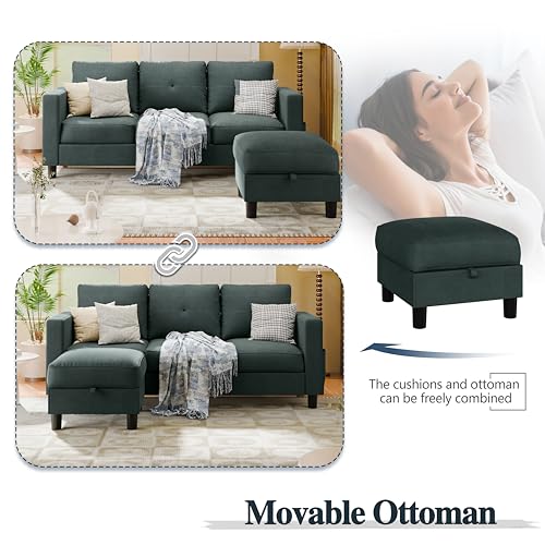 SUNLEI Convertible L-Shaped Sectional Couches for Living Room, Space-Saving 3-Seat Couch for Small Apartments & Living Rooms, Linen Fabric, Grey
