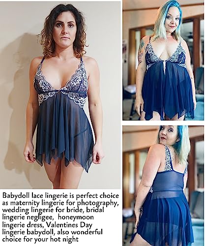 Avidlove Sexy Lingerie For Women Lace Babydoll Strap Chemise Front Closure Sleepwear V Neck Nightgown Nightwear Navy Blue thumb #2