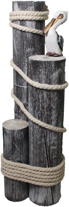 DRH - Ocean’s Perch Pelican on Wood Piling Garden Bird Decor - Coastal Decor - Pelicans Bird Statue - Beach Decor Fisherman’s Rope on 3 Wooden Stumps - Nautical Decoration for Any Home Office