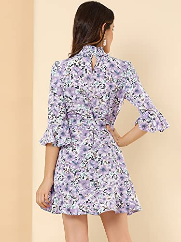 Allegra K Women's Floral 3/4 Bell Sleeve Smocked Belted Flare Ruffle Dress Medium White Purple #TOP4