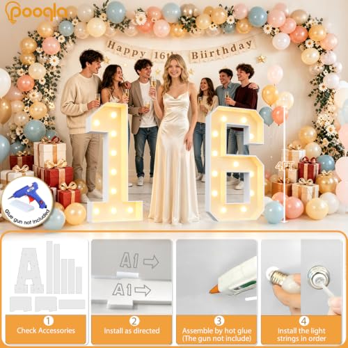 Image of Pooqla 4FT Marquee Numbers, Large Light Up Numbers 9th Birthday Party Decor | Warm White LED Marquee Light Up Numbers 4 Feet Tall, Party Decorations for 9th 19th 90th Birthday Anniversary Photo Backdrop