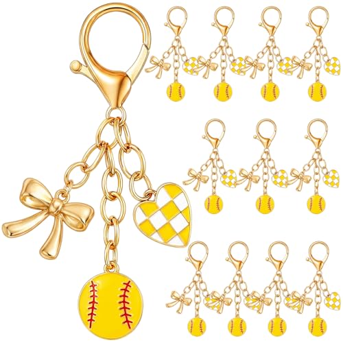 Tondiamo 12 Pack Softball Bow Keychains Team Gift Bulk Coquette Bow Keyring Yellow Checkered Heart Charm Sports Keychains for Softball Team Gifts Coach Player Fans Backpack Decor Party Supplies