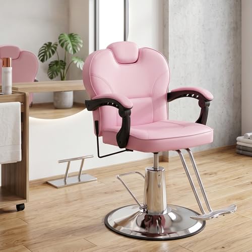 Image of Barber Chair with Heavy Duty Hydraulic Pump, Reclining Salon Chair for Hair Stylist, 360 Swivel 90-140 Backrest Reclining Chairs, Height Adjustable Hair Chair for Barbershop (Pink)