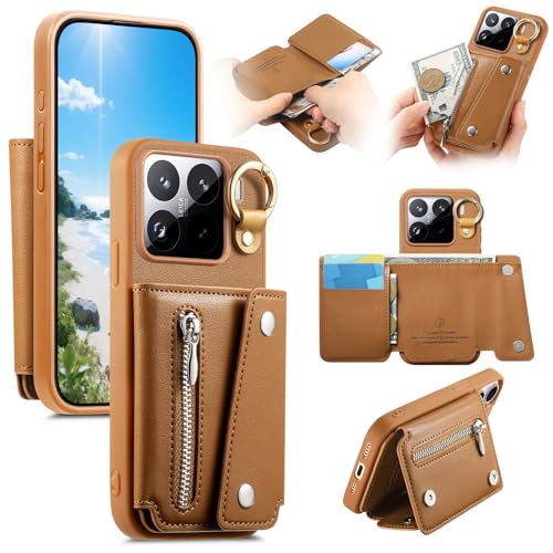Protezione Xiaomi 15 Pro astuccio portafoglio marrone con porta carte di credito e cerniera