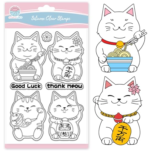 GLOBLELAND Lucky Cat Clear Stamps for Scrapbooking Oriental Japanese Cherry Blossom Silicone Stamps for Card Making DIY Embossing Journaling GLOBLELAND Lucky Cat Clear Stamps for Scrapbooking Oriental Japanese Cherry Blossom Silicone Stamps for Card Making DIY Embossing Journaling