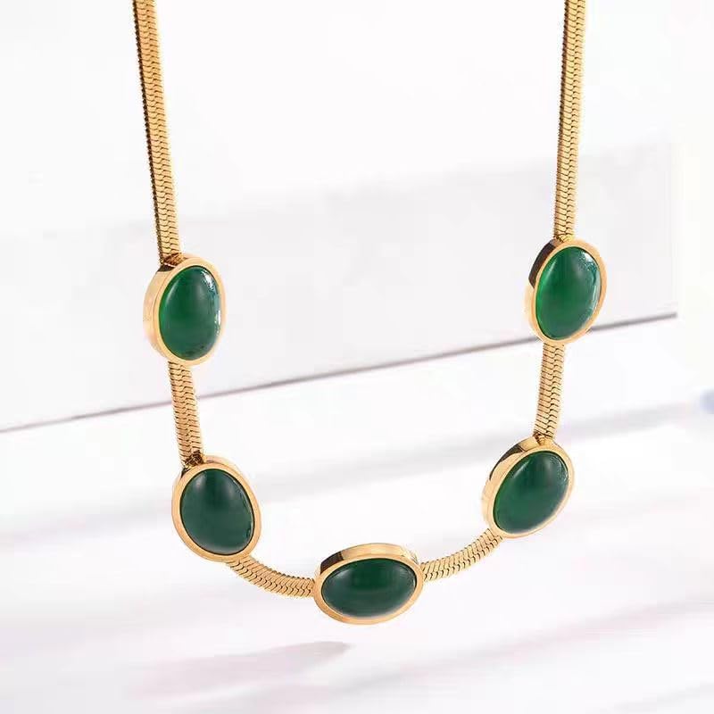 Green Oval Cabochon Station Herringbone Bar Link Necklace For Women Elegant Vintage Statement Adjustable Collar Gold Color Classic - Image 5