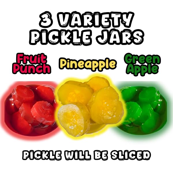 Alky Therapy Triple Pickle Bundle, Candy Flavored Dill Pickles Variety Pack, Fruit Punch, Pineapple, Green Apple, 3 Jars, Perfect for Snacks and Gifts
