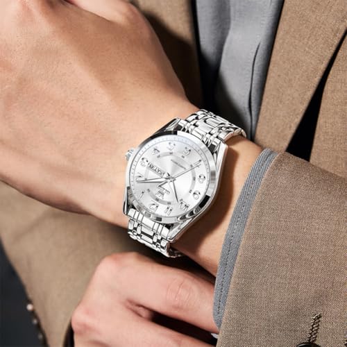 Image of OLEVS Mens Watches Business Large Numer Easy to Read Quartz Watch Stainless Steel Waterproof Luminous Date Casual Male Watch