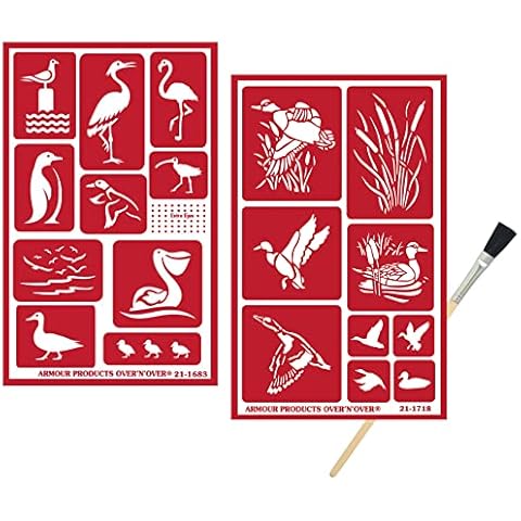 2 Armour Etch Over N Over Reusable Glass Etching Stencils - Duck, Flamingo, Penguin, Flying Geese, Crane, Pelican, Seagull Themed Stencil | Ducks, Birds Theme Design | Set Includes Brush Cover