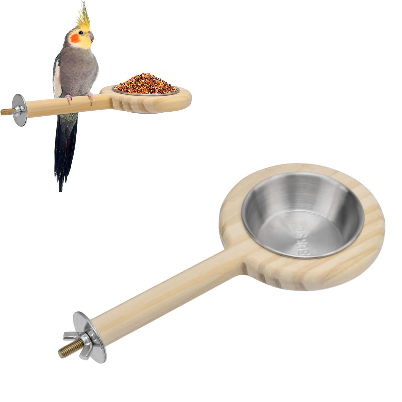 Supporto in legno per animali domestici, mangiatoia per uccelli con ciotola rimovibile in acciaio inossidabile per gabbia per pappagalli, facile installazione contenitore per alimenti per