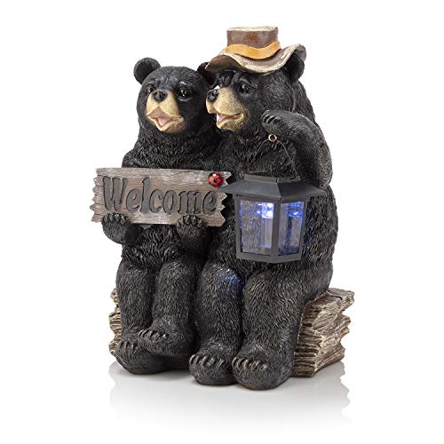 Alpine Corporation 15" Tall Outdoor Bear Couple With Lantern And Welcome Sign Statue With Solar Led Light Yard Art Decoration #TOP5