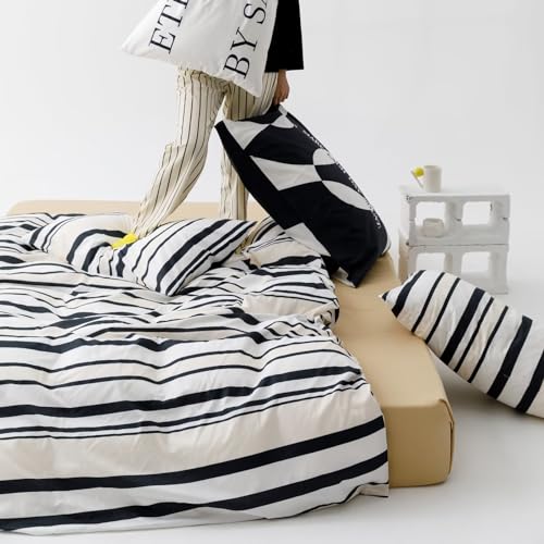 Image of KAREVER Striped Comforter Set Full Black and White Comforter Men Women Modern Chic Stripes Bed Comforters Beige Black Striped Full Ticking Bedding Comforter Set All Season Hotel Quality Bed Set