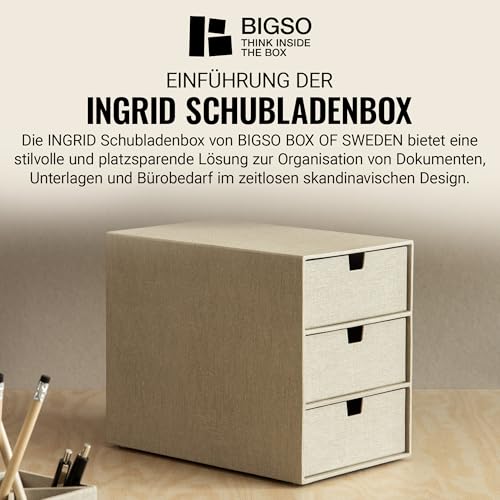 BIGSO INGRID Schubladenbox für Dokumente und Bürobedarf – Schreibtisch Organizer mit 3 Schubladen – Ablagesystem aus Faserplatte und Papier in Leinenoptik – beige
