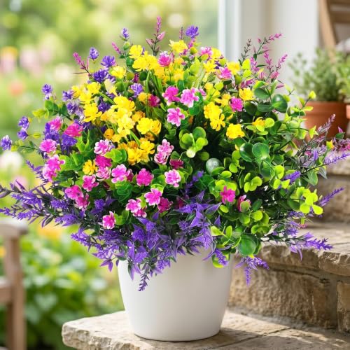 Hananona 12 Pcs Artificial Flowers Outdoor, Faux Artificial Plants UV Resistant Plastic Flower Bulk...