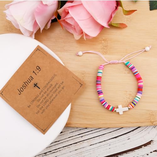 Cross Bracelet for Girls, Colorful Polymer Clay Christian Jesus Religious Confirmation Bracelet with Motivational Card First Holy Communion Gifts for Daughter Sister Teenage Girls3