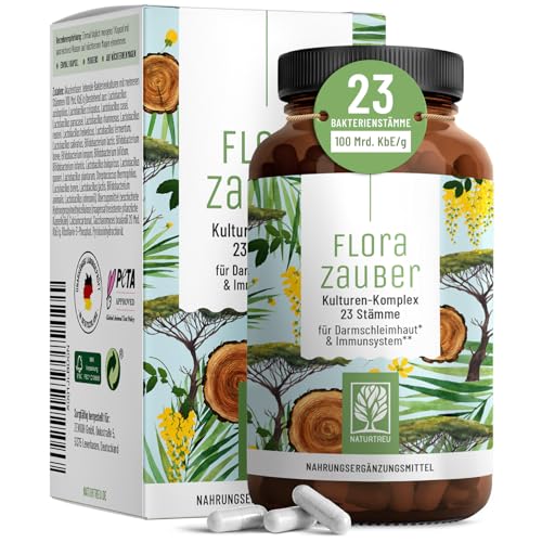 NATURTREU® Florazauber Kulturen Komplex magensaftresistent & vegan - 23 Bakterienstämme ohne Inulin - Komplex u.a. mit Lactobacillus & Bifidobakterien, 60 Kapseln