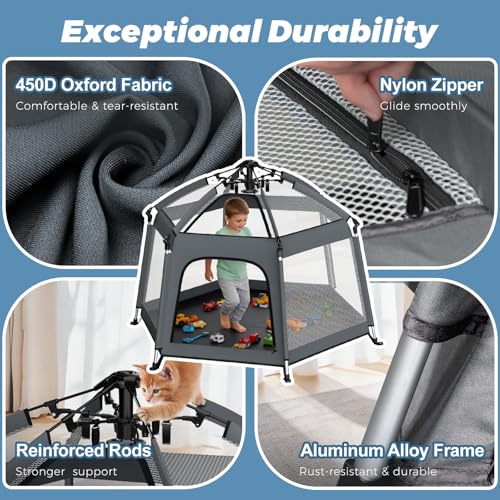 Image of Foldable Baby Playpen with Canopy: Durable 450D Oxford & Aluminum, Gray | Pop-Up Play Tent, Easy Setup, UPF50 Sun Protection, Lightweight, Mosquito Net, for Beach Travel Outside Indoor, for Kid & Pet