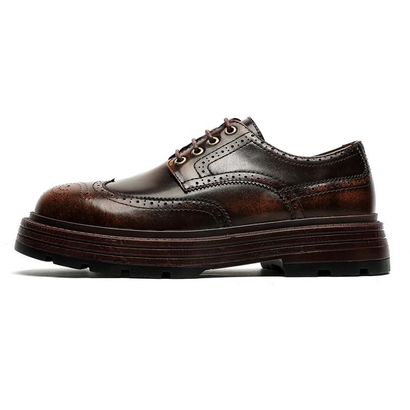 Men's Leather Wingtip Oxford Dress Shoes, Platform Sole, Brown