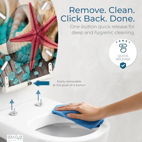Image of Sanilo Wooden Toilet Seat with Quick Release & Soft Close [ROUND] - Decorative & Slow Close Molded Wood Seat - With One Click for Easy Installation & Cleaning - With Adjustable Fit (Bath Salt)