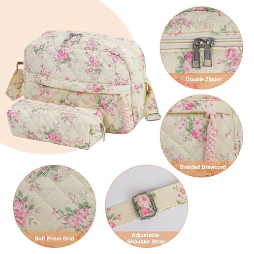 2 PCS/Set Small Cute Floral Quilted Crossbody Bag with Multi-Pockets for Women, Tote Shoulder Everyday Handbags2