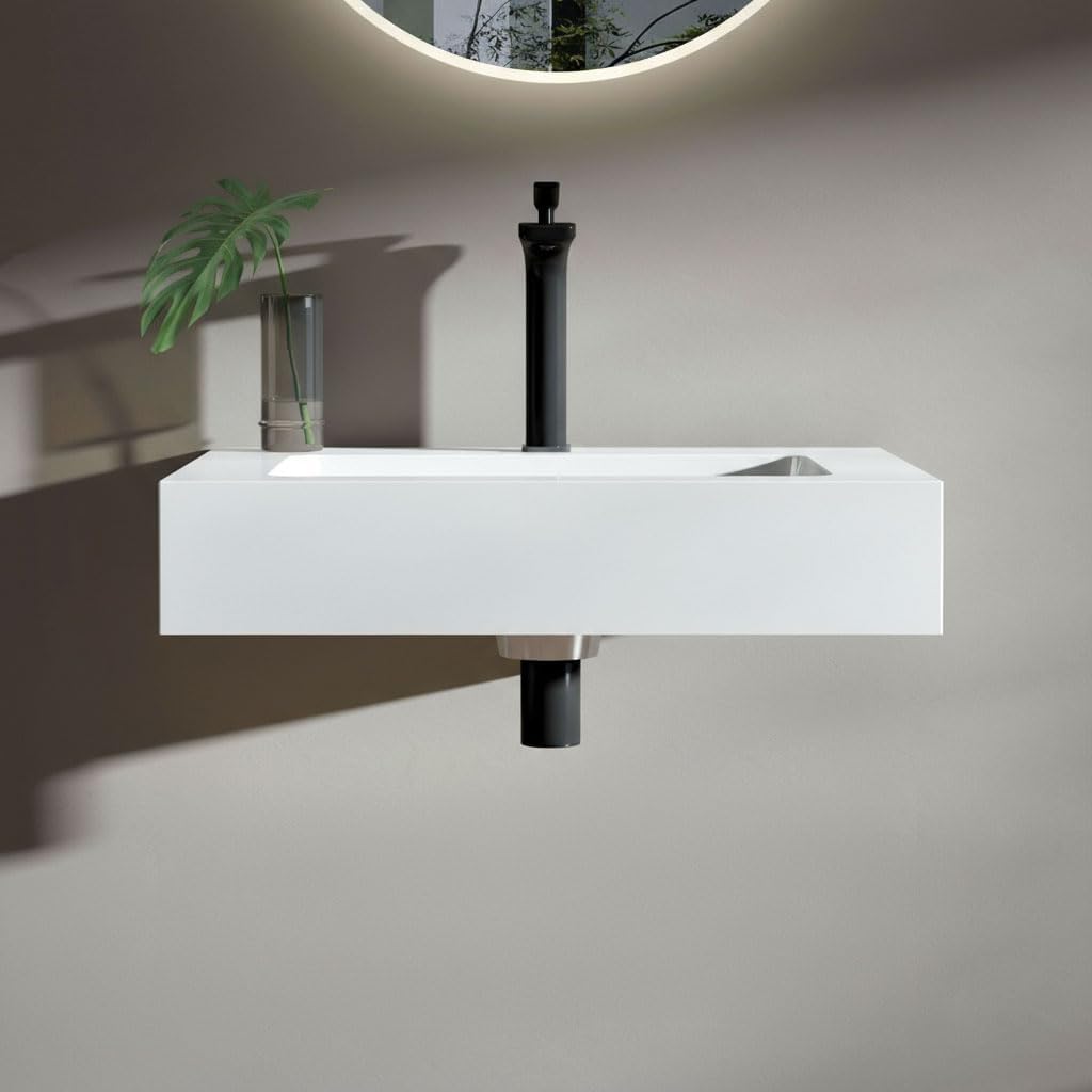 24" Integrated Bathroom Sink with Overflow Hole, Integral Solid Surface Bathroom Sink for Vanity, Glossy White