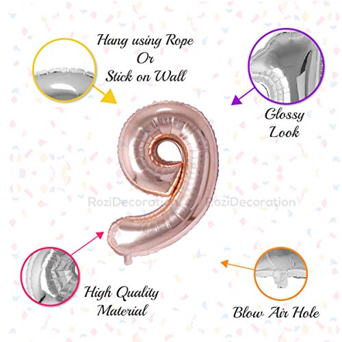 Image of Rozi Decoration 32 inch Inch Rose Gold 9 Number Foil Balloons Pack of 1 Pcs | 9th Anniversary Decoration | Happy 9th Birthday Balloons | 9 Year Birthday Decoration