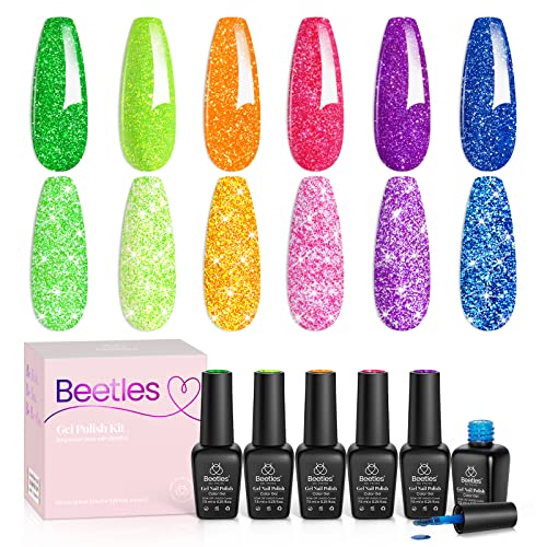 Beetles Reflective Glitter Gel Polish Set 6 Colors Neon Gel Nail Polish Set Summer Nails Gel Orange Hot Pink Purple Gel Polish Soak Off Led Gel Nail Kit Nails Nail Art Manicure for Women Girls
