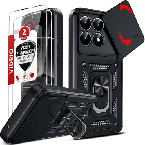 LeYi Funda para Xiaomi 15T 5G/15 T 5G, 6.83 Inches [NO para 15T Pro] con 2-Unidades Cristal Vidrio Templado Carcasa de Cámara Deslizante Militar Proteger Anillo Soporte Armor Case，Negro