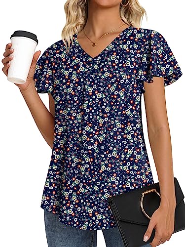 Anymeet Womens Summer Tunic Tops Short Sleeve Casual Dressy Chiffon Tee For Leggings Loose Basic Blouse Dark Blue Flower Small #TOP1
