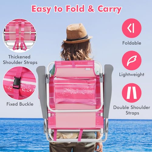 Image of Giantex Folding Beach Chair, Patio Sling Chairs with 5 Adjustable Position, Head Pillow, Storage Bag, Towel Bar, Cup Holders, Backpack Chairs for Sunbathing, Camping Chair