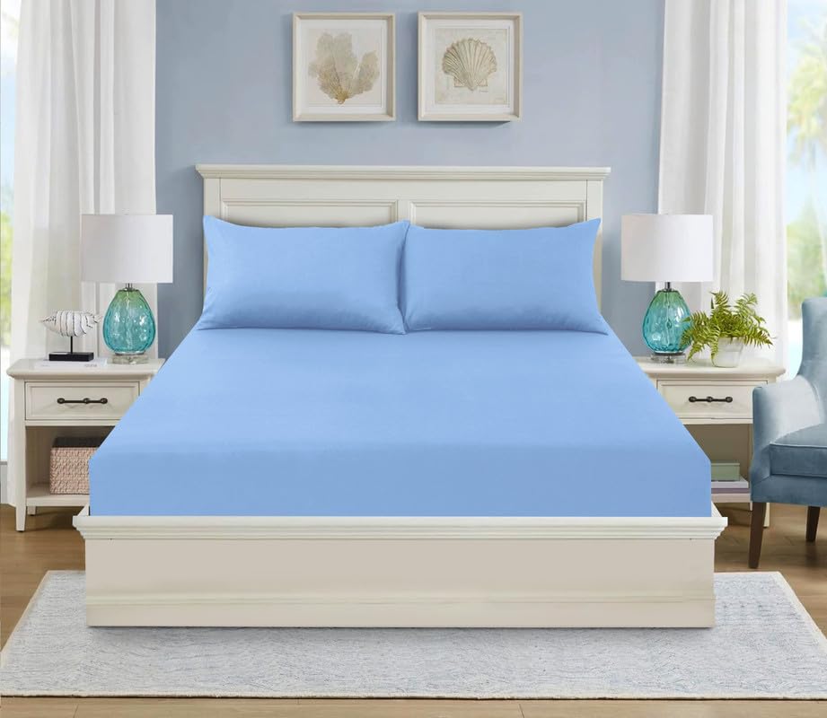 WEAVERS: 3 Pcs Luxury Polycotton 25cm Deep Fitted Sheet with Pillowcase Pair (Size Double, Colour Sky) โ image 1