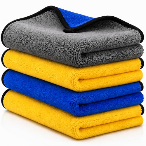 Image of Microfiber Cloth 600 GSM 40 X 40 cms - 4 pcs for Car Cleaning & Detailing, Bike Cleaning, Home & Kitchen Cleaning. Double Sided, Super Absorbent & Lint Free (Yellow /Grey and Blue /Grey)