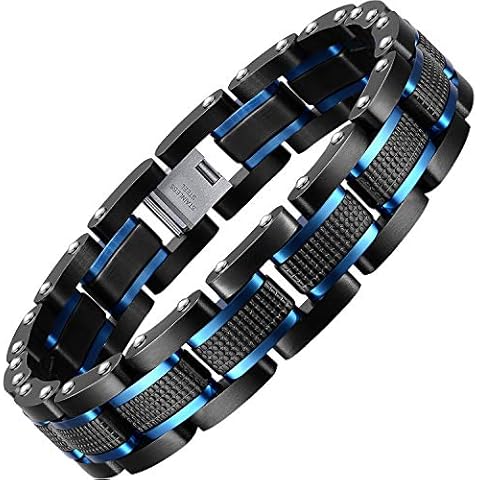Zillaly Men's Stainless Steel Two-Tone Square Link diamond Bracelet in Black & Blue Ion-Plated Black (Black & Blue) Cover