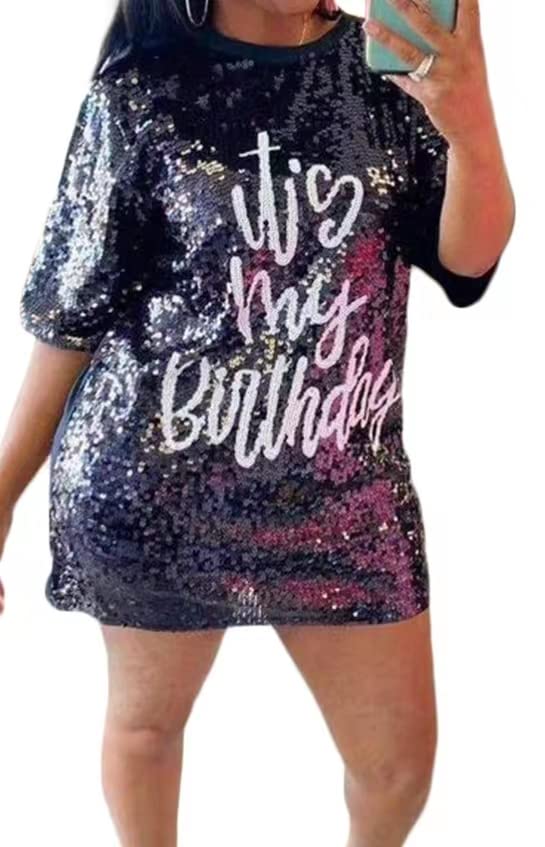 Women's Sequin T Shirt Dress Birthday Queen with Heart Glitter Sparkly Letter Print Party Club Outfits Mini Dress2