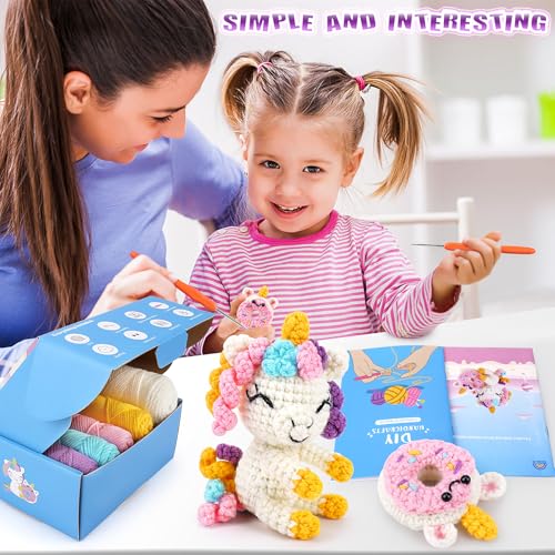 Image of Fortuning's JDS Crochet Kit for Beginners - Unicorn Crochets Kit with Step-by-Step Video Tutorials, Beginner Crochet Kit for Adults, Crochet Animal Kit for Kids, Crochet Unicorn Loves Donut Set