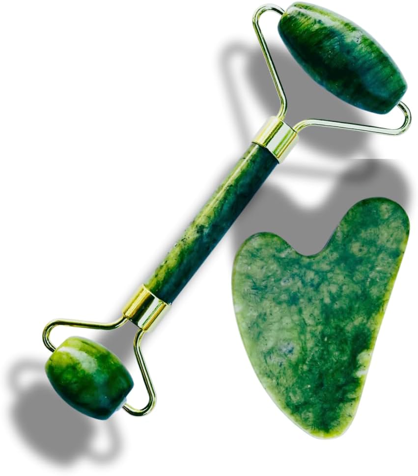 Premium Jade Roller with Gua Sha Set, Natural Green Jade Stone, Gold Metal Handle, Face Massage Tool for Facial Sculpting, Puffiness Reduction, Skin Tightening
