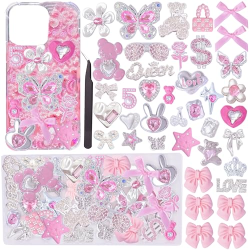 Junk Case Charms Pink Kawaii Bow Phone Cases Kit Silver Butterfly Charm for Junk Socks Bling Flat Back Big Charms 3D Heart Star Flower Phones Case Char Flatback Rhinestone for Customizing DIY Craft Accessories