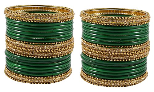 Image of NMII Glass With Zircon Gemstone Studded Worked and Ball Chain Or Plane Gloosy Finished Bangles Set For Women and Girls